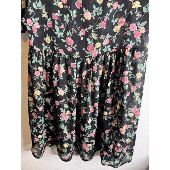 Vintage Bonjour Floral Button-Front Babydoll Dress Short Sleeve Black Women’s M - Picture 11 of 13